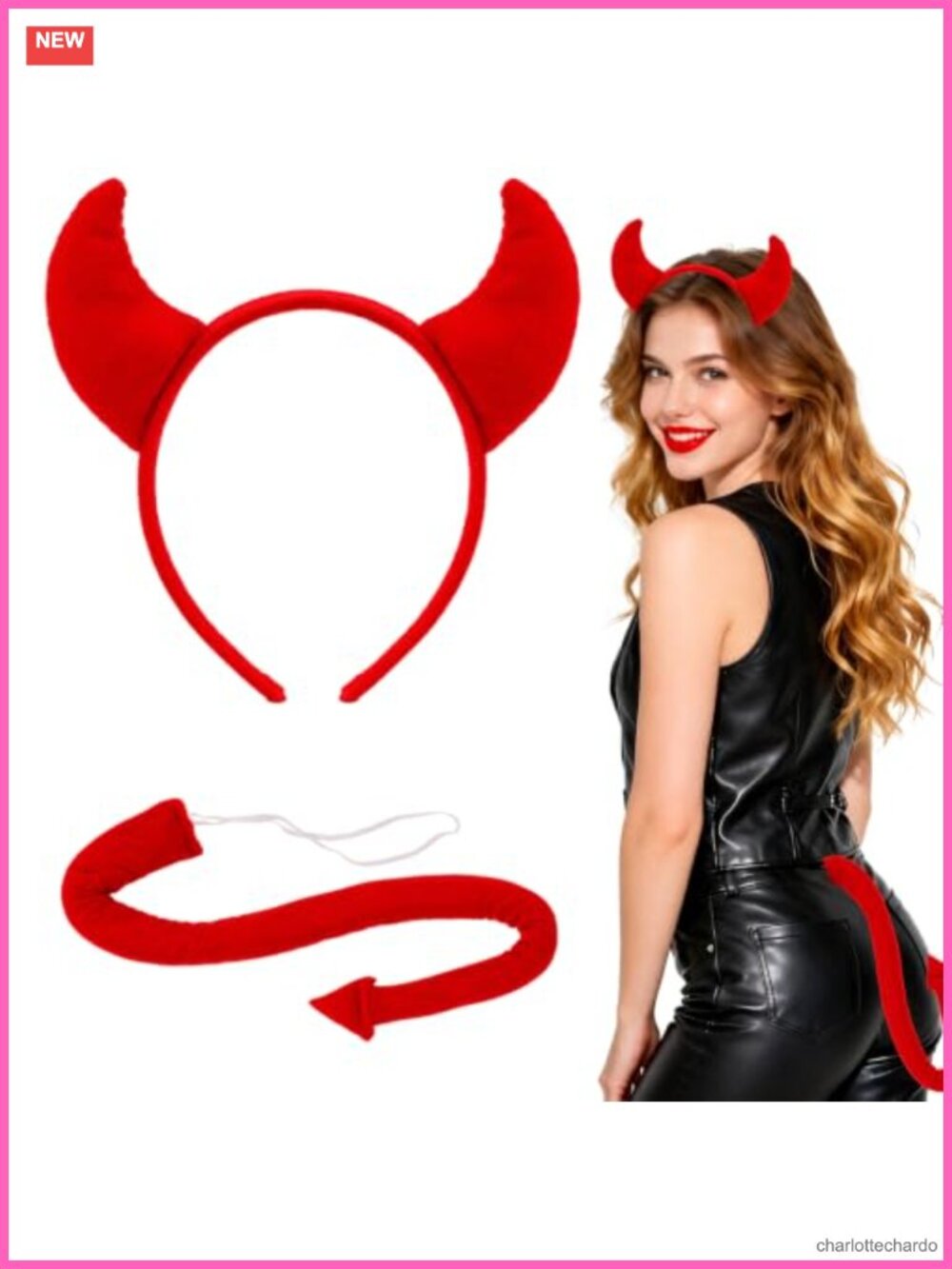 Devil Horns Headband & Tail Set Polyester Halloween Cosplay Costume Accessory